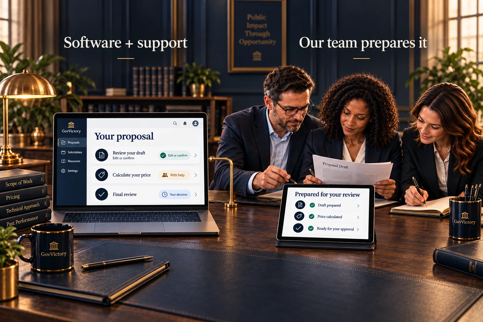 Software and support on the left: review your draft, calculate your price, final review. Our team on the right prepares the draft and pricing for your approval. Illustrative product view.