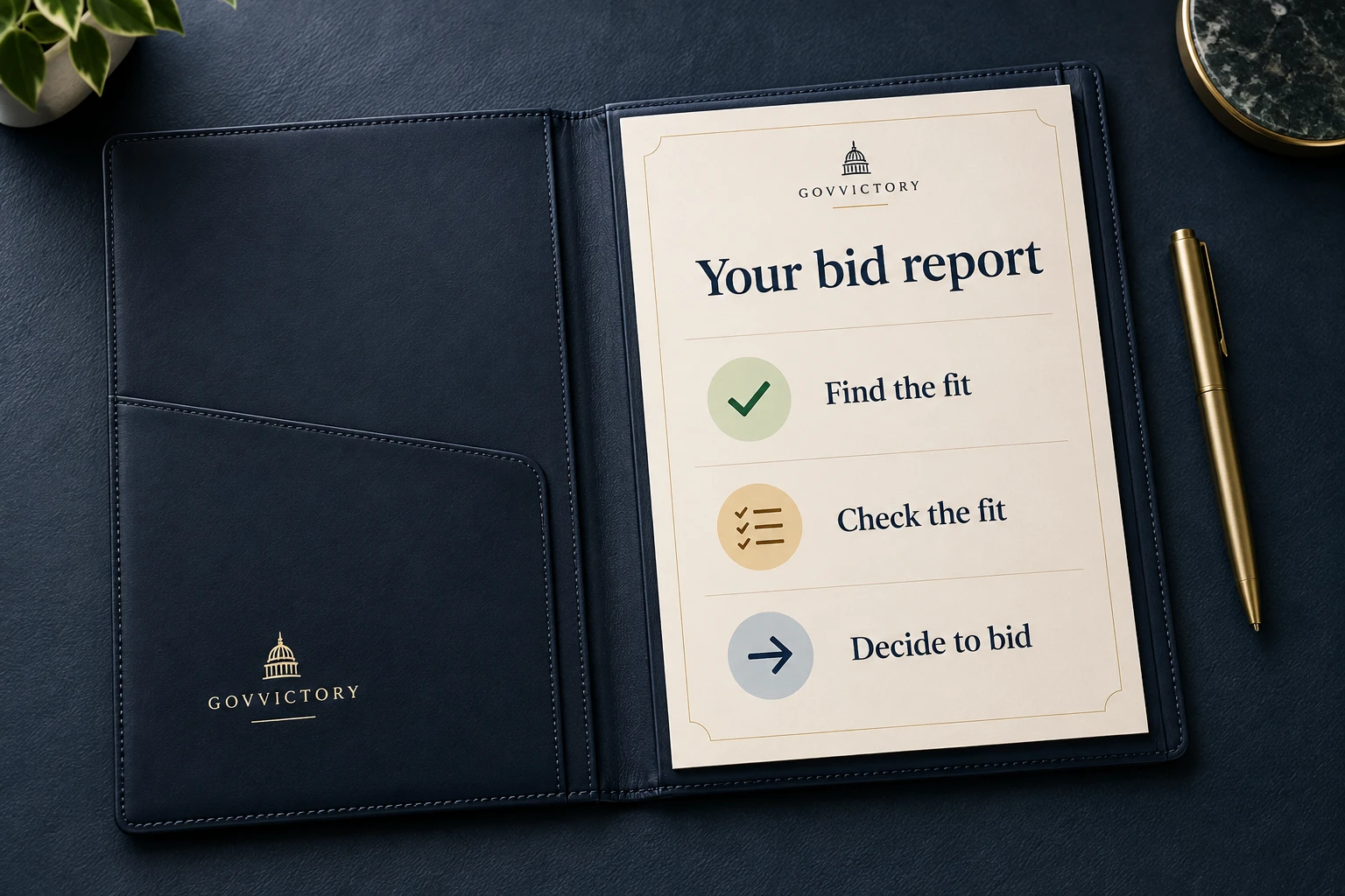 Illustrative open folio showing Find the fit, Check the fit, Decide to bid