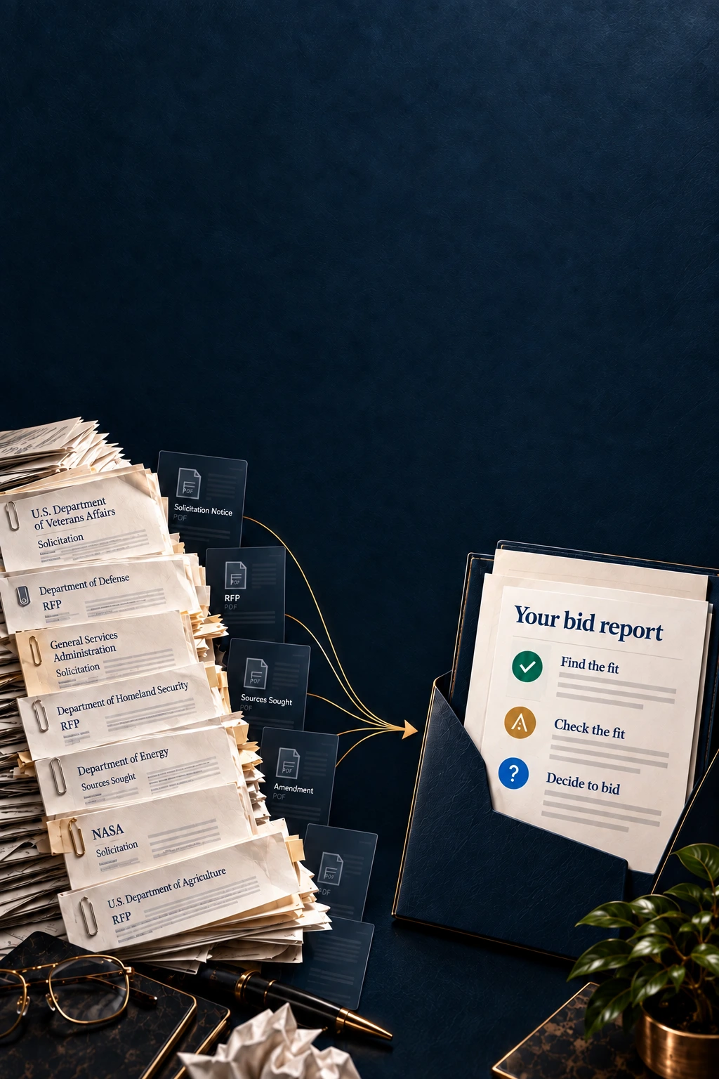 Government notices lead to Your Bid Report: Find the fit. Check the fit. Decide to bid.