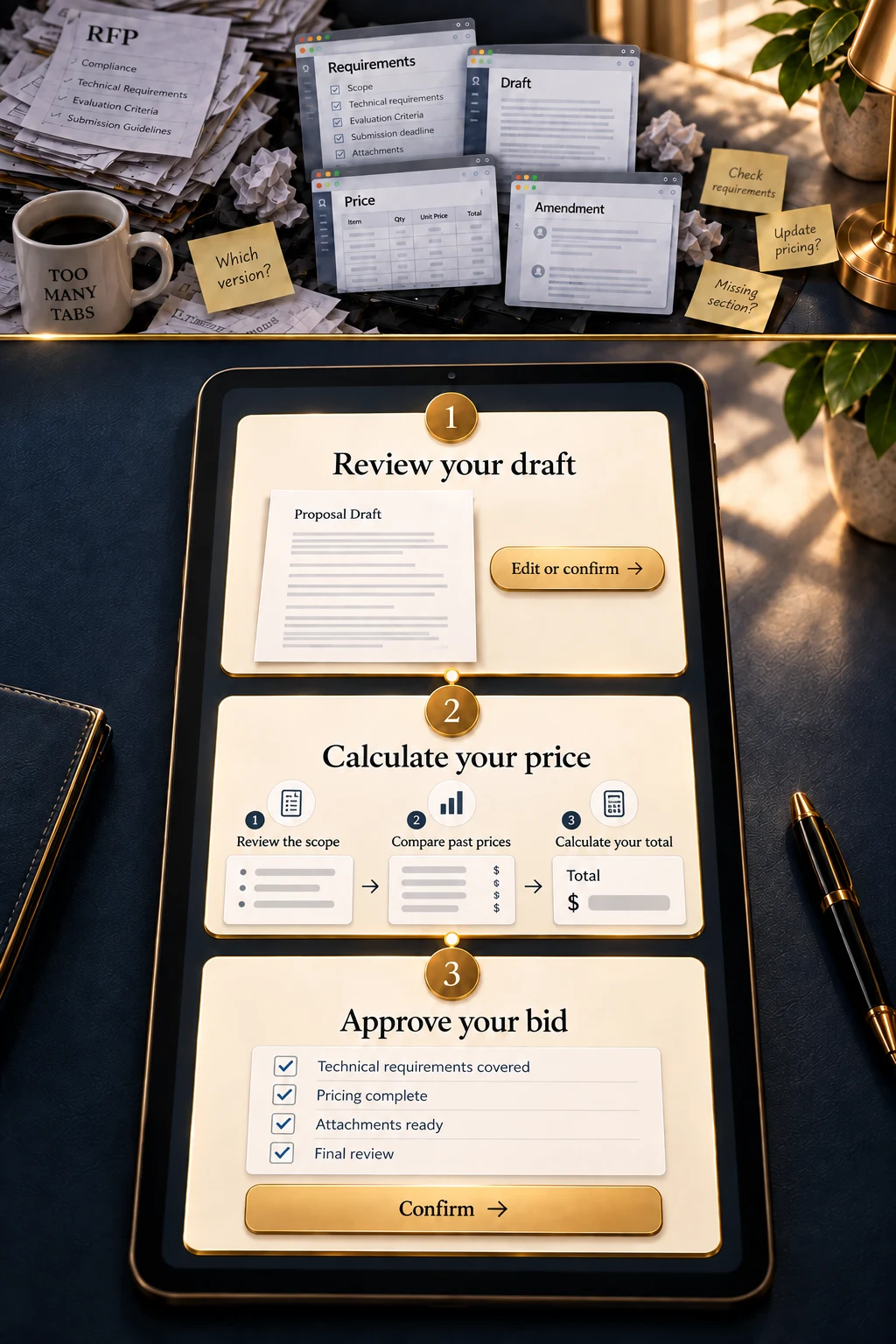 The hard way above; one digital workspace below for reviewing the draft, calculating the price and final confirmation.