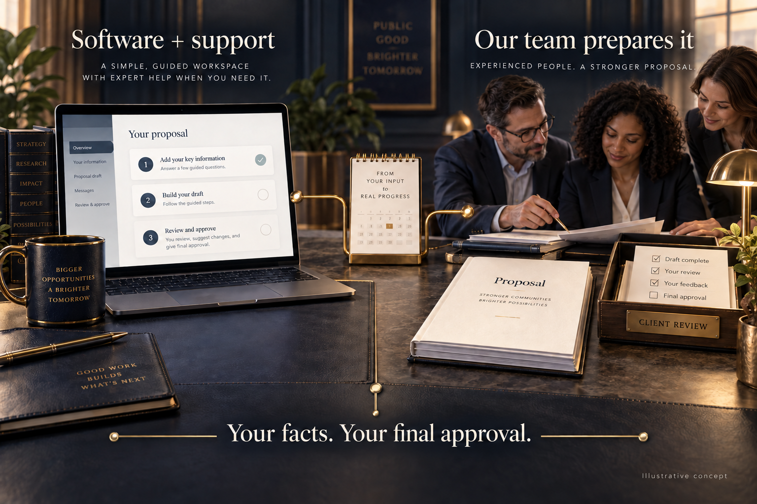Software and support in a simple workspace beside our team preparing a proposal. You provide the facts and final approval.