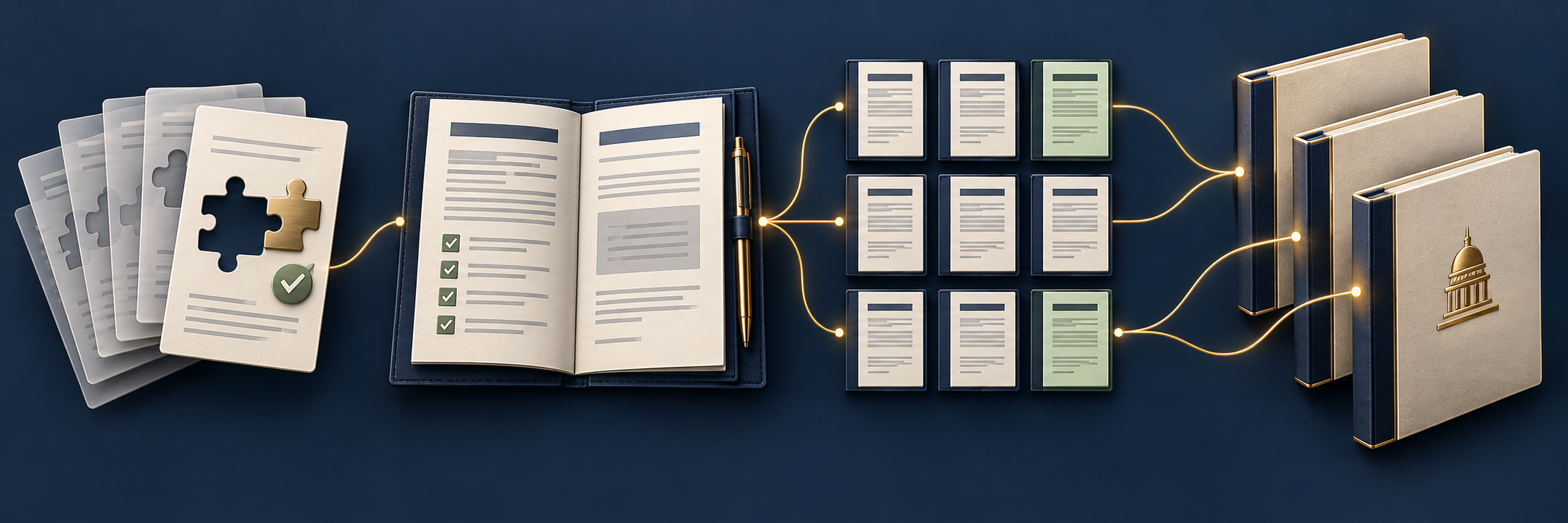 A matched opportunity becomes a prepared proposal, then repeated bids lead toward illustrative contract wins. Not every bid becomes a contract.