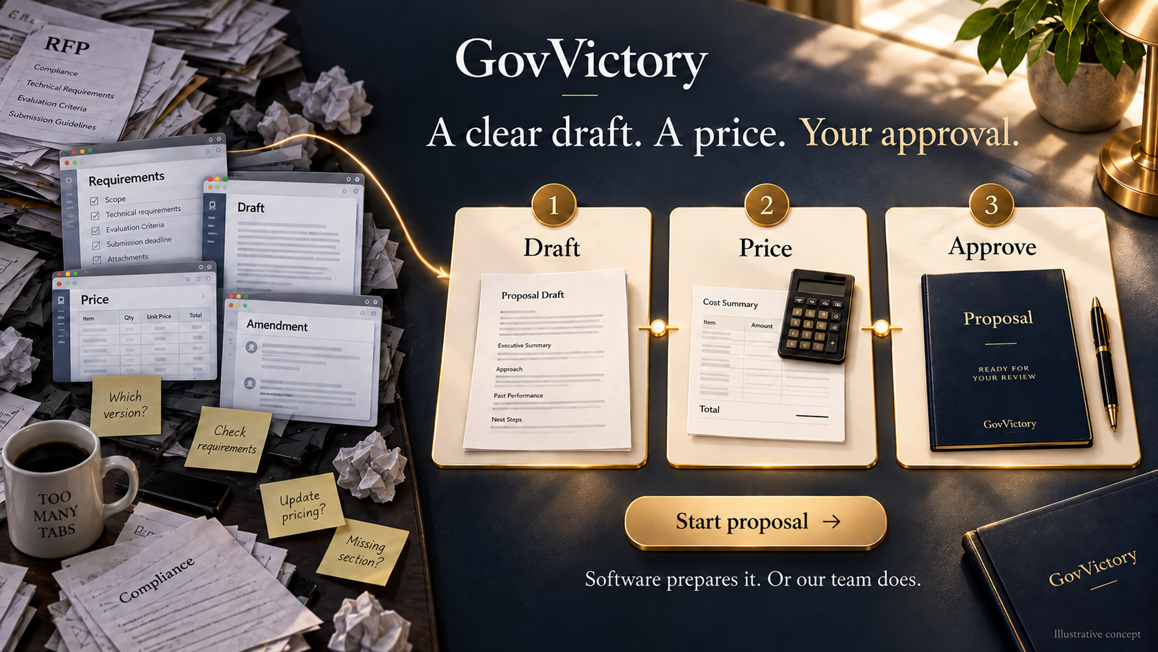 Build the response the buyer needs. The hard manual way compared with the guided GovVictory process.